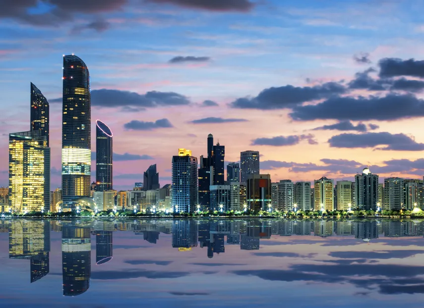 Abu Dhabi, the capital of the United Arab Emirates, seen at dusk