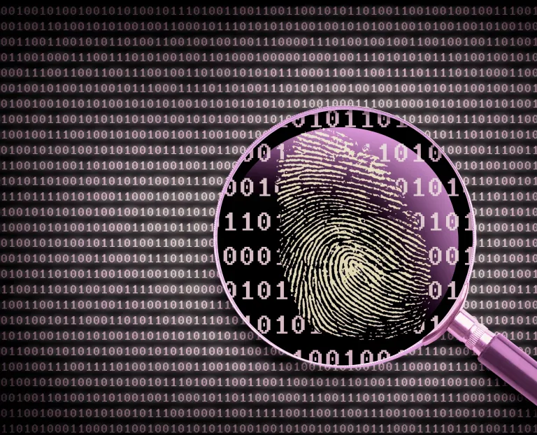Digital forensics: a digital fingerprint underneath a magnifying glass