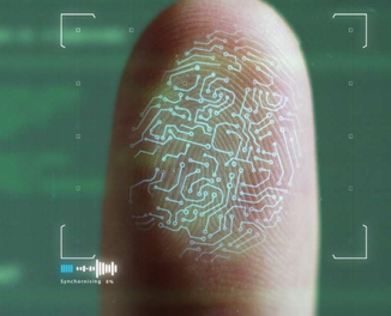 A digital forensics investigation in nine parts: Close-up of a thumb overlaid with microchip imagery